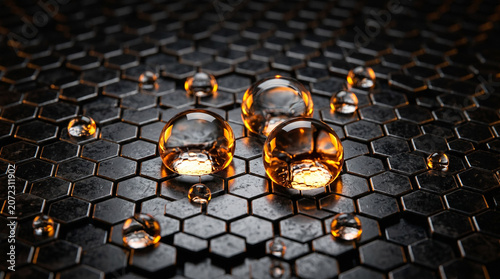 Abstract Hexagonal Surface with Water Droplets and Golden Light Reflection