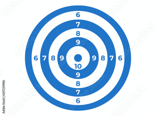 Blue target board with numbers and white background, aiming for success and precision.