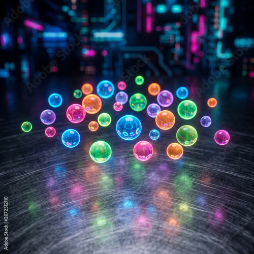 Vibrant Neon Spheres Floating on Reflective Surface with Futuristic Cityscape Backdrop