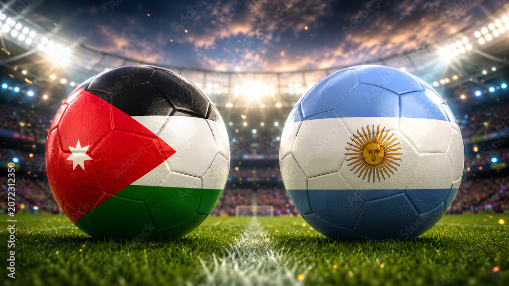 Naklejka premium Jordan vs Argentina soccer match concept with national flag balls in illuminated stadium