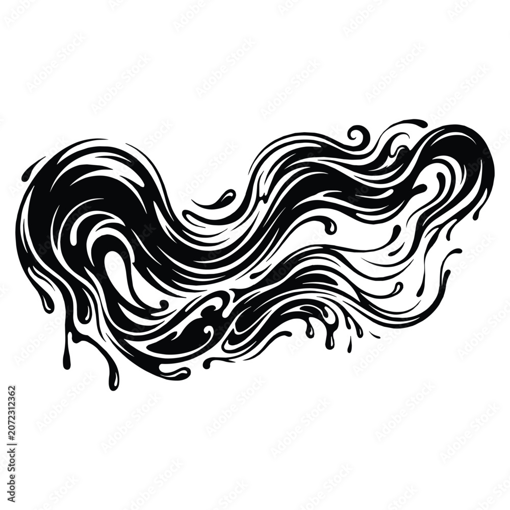 Fototapeta premium Abstract black ink wave design with dynamic fluid motion on white background.