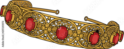 Ornate golden headband with vibrant red gems, showcasing intricate filigree design for a touch of regal elegance and vintage charm, a luxurious hair accessory