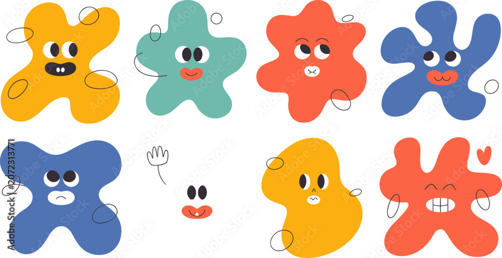 Naklejka premium Playful abstract character set colorful blob creatures with faces for children's illustration and design