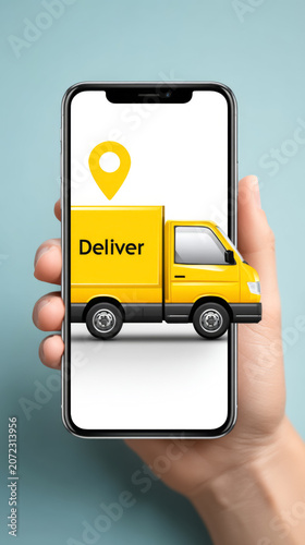 Hand holding smartphone displaying yellow delivery truck app with location pin
