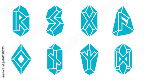 Принти на полотні Blue crystal shards with engraved runic symbols.