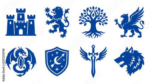 Photos Blue fantasy heraldic crests and mythical creature icons.