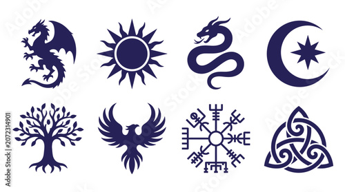 Bild auf Leinwand Black dragon and viking pagan mystical symbols.