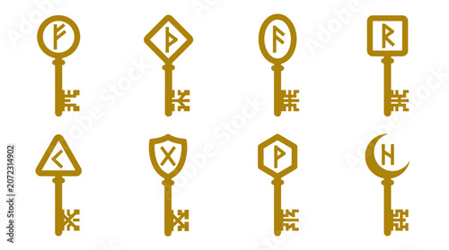 Tableau sur toile Golden runic skeleton key icons set.