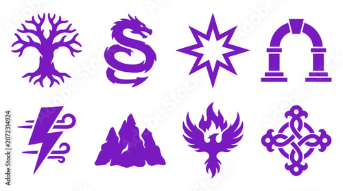 Tableau sur toile Purple elemental nature and runic fantasy icons.