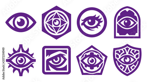 Photos Set of mystical purple eye icons and occult symbols.