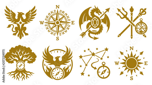 фотографія Gold mythical creature and vintage navigational symbols.