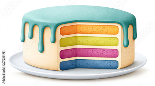Colorful layered cake with blue icing drip on white plate
