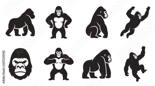 Schilderij op canvas Black gorilla and ape silhouette icon vector set.