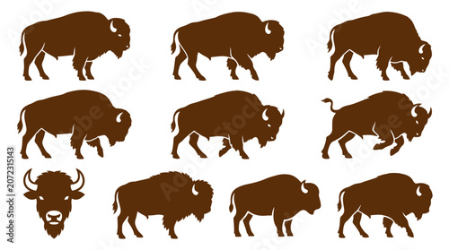 Collection of brown buffalo and bison silhouettes and head.