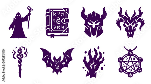 Dark purple necromancer and dark fantasy RPG icons.