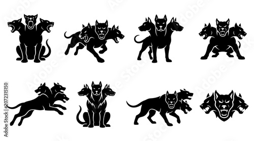 Three headed Cerberus dog silhouettes for dark fantasy.