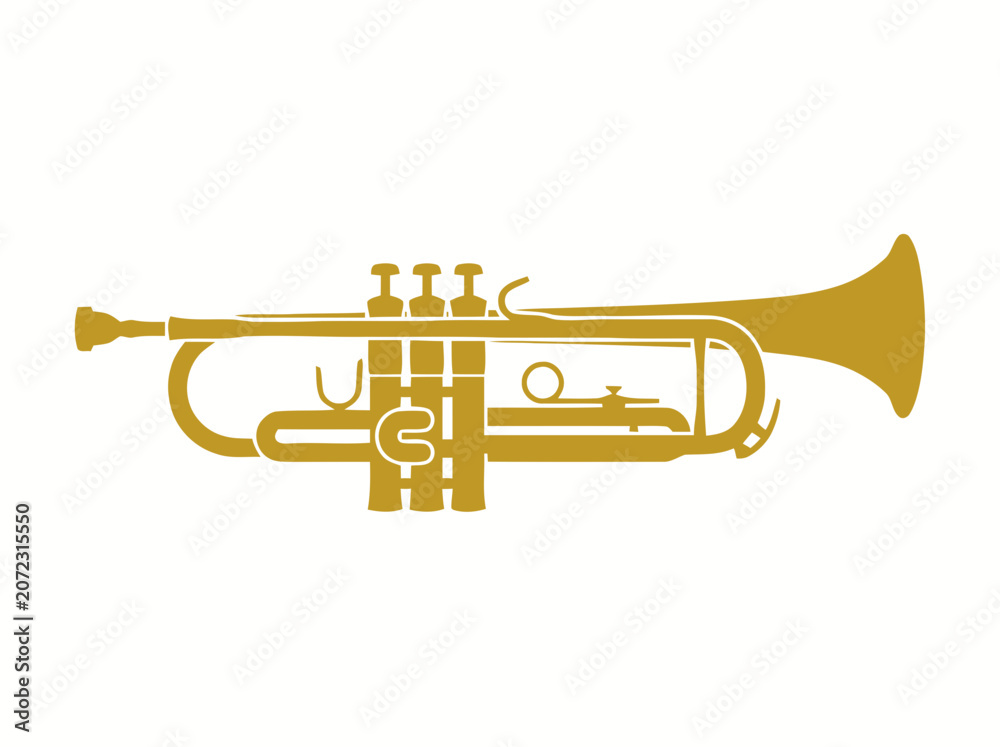 Obraz premium Golden Trumpet Silhouette Isolated on White Background, Brass Musical Instrument