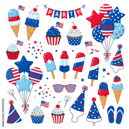 Colorful 4th of july party decorations and icons set