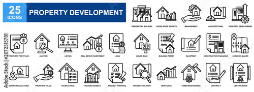 Property Development icon set collection. Containing design Architectural, Management, Property Portfolio, Blueprint, Mortgage
