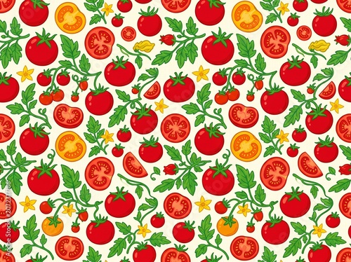 Vibrant Red Tomato Pattern Seamless Repeat Textile Design Flat Lay