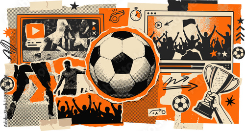 Schilderij op canvas Vintage soccer collage with football ball and players, retro sports banner with