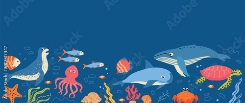 Photography A vibrant horizontal layout banner featuring an adorable collection of cartoon sea animals and marine life creatures swimming together in a deep blue ocean