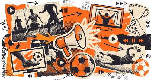 Foto Dynamic soccer collage vector, orange and black football sports background, mixe