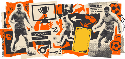 Φωτογραφία Dynamic soccer collage vector, vintage sports scrapbook with football players an