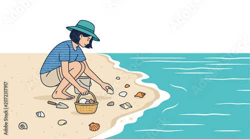 Photos Woman picking up shells or trash on sandy beach shore.