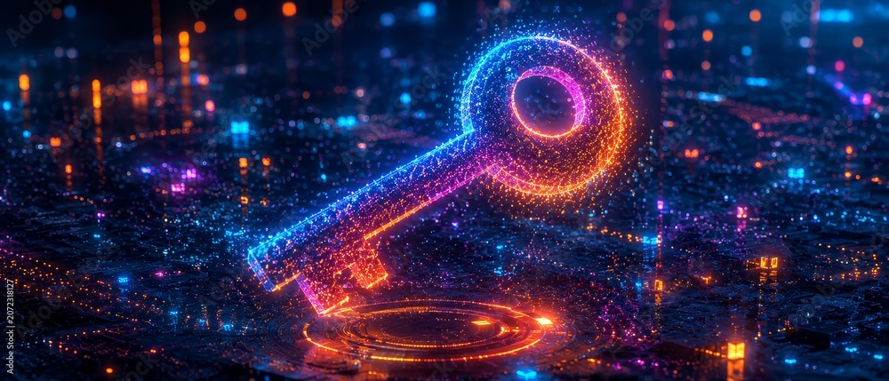 Obraz premium Glowing neon digital key hologram suspended above a futuristic circuit landscape, symbolizing cybersecurity, encryption, access control, blockchain auth, and data protection