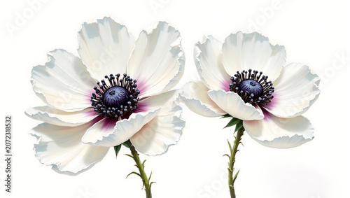 Two white anemone flowers with dark centers on a white background  - Floral art created using the oil painting and palette knife technique.