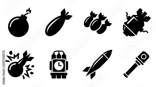Fotografie Diverse explosive bomb and dynamite silhouette icons.