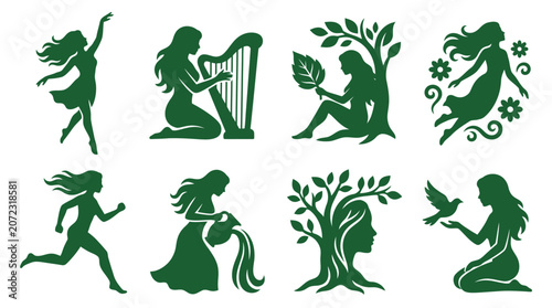 Tableau sur toile Green mythical female silhouettes and dryad icons.