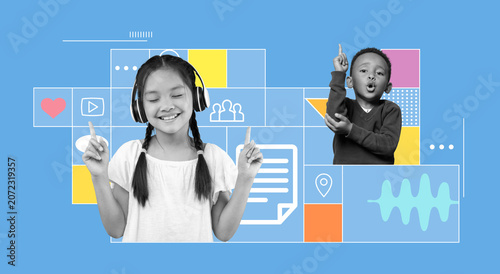 Smiling Asian Girl With Headphones Enjoying Music While Standing In Front Of Colorful Background, Radiating Happiness. Young Child Engaging With Music In Vibrant Environment. Lifestyle Concept.