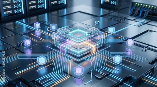 Advanced glowing microchip inside a futuristic server room with glowing circuit lines and floating digital data cubes