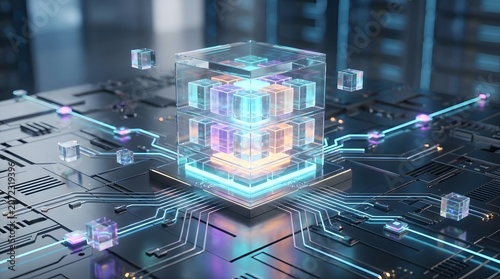High tech glowing cpu core surrounded by floating data blocks on an illuminated futuristic circuit board motherboard
