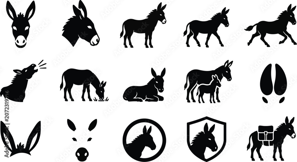 Obraz premium A collection of black vector donkey silhouette icons featuring various poses and activities for professional graphic design and branding projects
