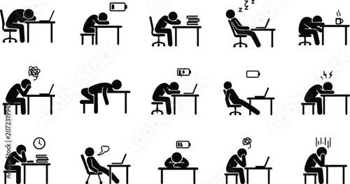 A collection of black vector illustration icons depicting tired stick figure employees struggling with heavy work stress and exhaustion