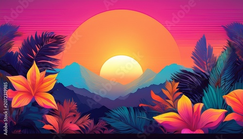 Tropical Plants And Flowers In Front Of A Stylized Mountain Landscape With Golden Sun On A Vivid Pink Sky