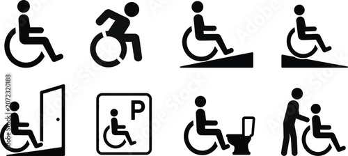 A collection of black vector illustration icons depicting various wheelchair accessibility signs for public facilities and inclusive navigation design systems