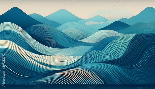 Minimalist Lines Landscape Background In Asian Style With Air Perspective In Blue Colours