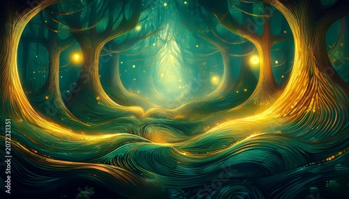 An Abstract Medieval Forest Glowing Golden Highlights Swirling Mist Deep Emerald Greens Enchanted Patterns Soft Textures Flowing Shapes Whimsical Dreamy Negative Space Mystical Minimal Cottagecore