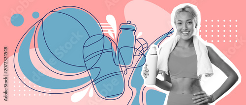 Bild auf Leinwand Smiling Young Caucasian Woman Holding Water Bottle After Workout In Gym, Wearing Sportswear And Towel Around Neck