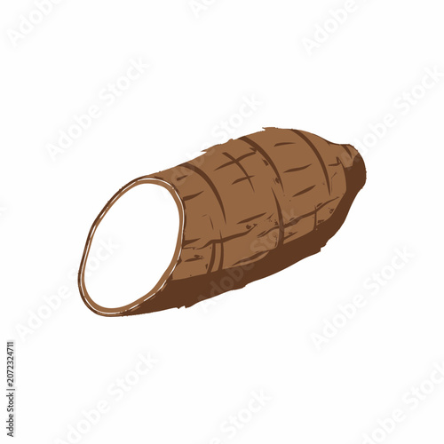 Fresh Cassava Root Vegetable Cut Open, White Flesh, Brown Skin, Isolated on White