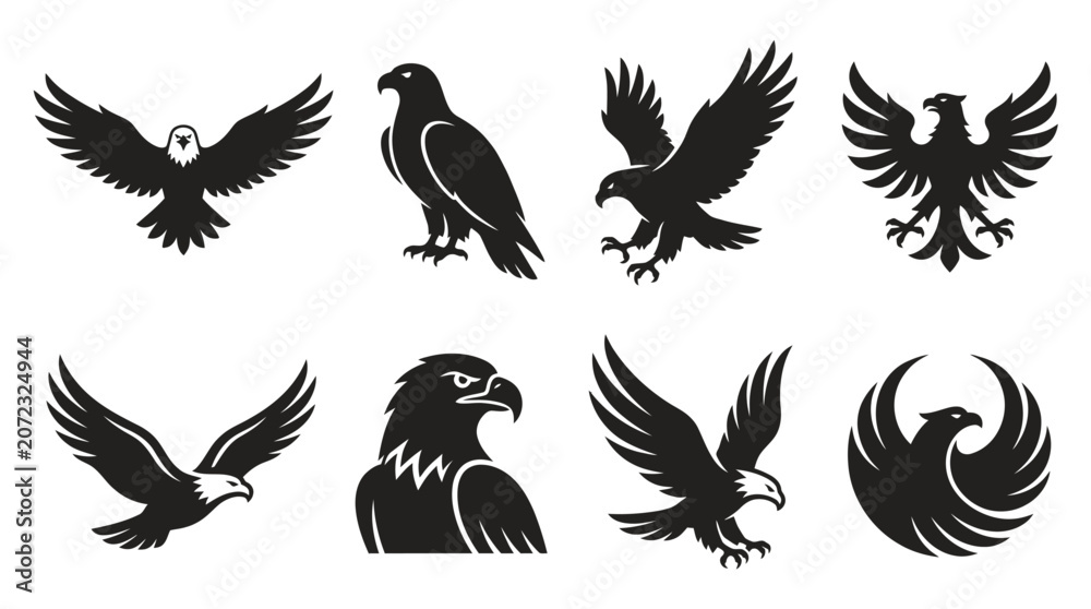 Fototapeta premium Black eagle silhouettes and icons.
