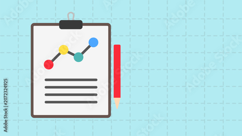 Flat vector illustration of business report on clipboard with chart and pencil. Ideal for data analysis, performance tracking, auditing, reporting, documentation, and business planning template.