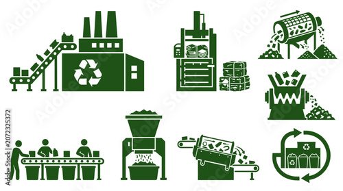 Cuadro en lienzo Industrial machinery icons process waste at a recycling plant.