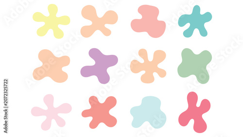 Set of colorful abstract organic shapes and hand drawn blobs in pastel colors on a white background