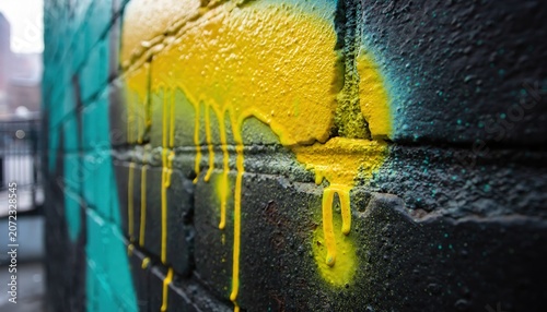 Yellow Graffiti Paint Dripping on Dark Urban Brick Wall