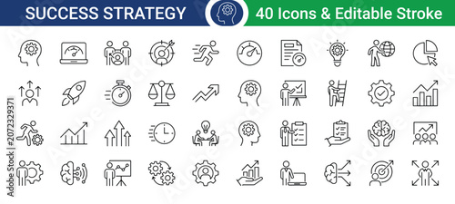 Set of success strategy icons with editable stroke, Vector illustration